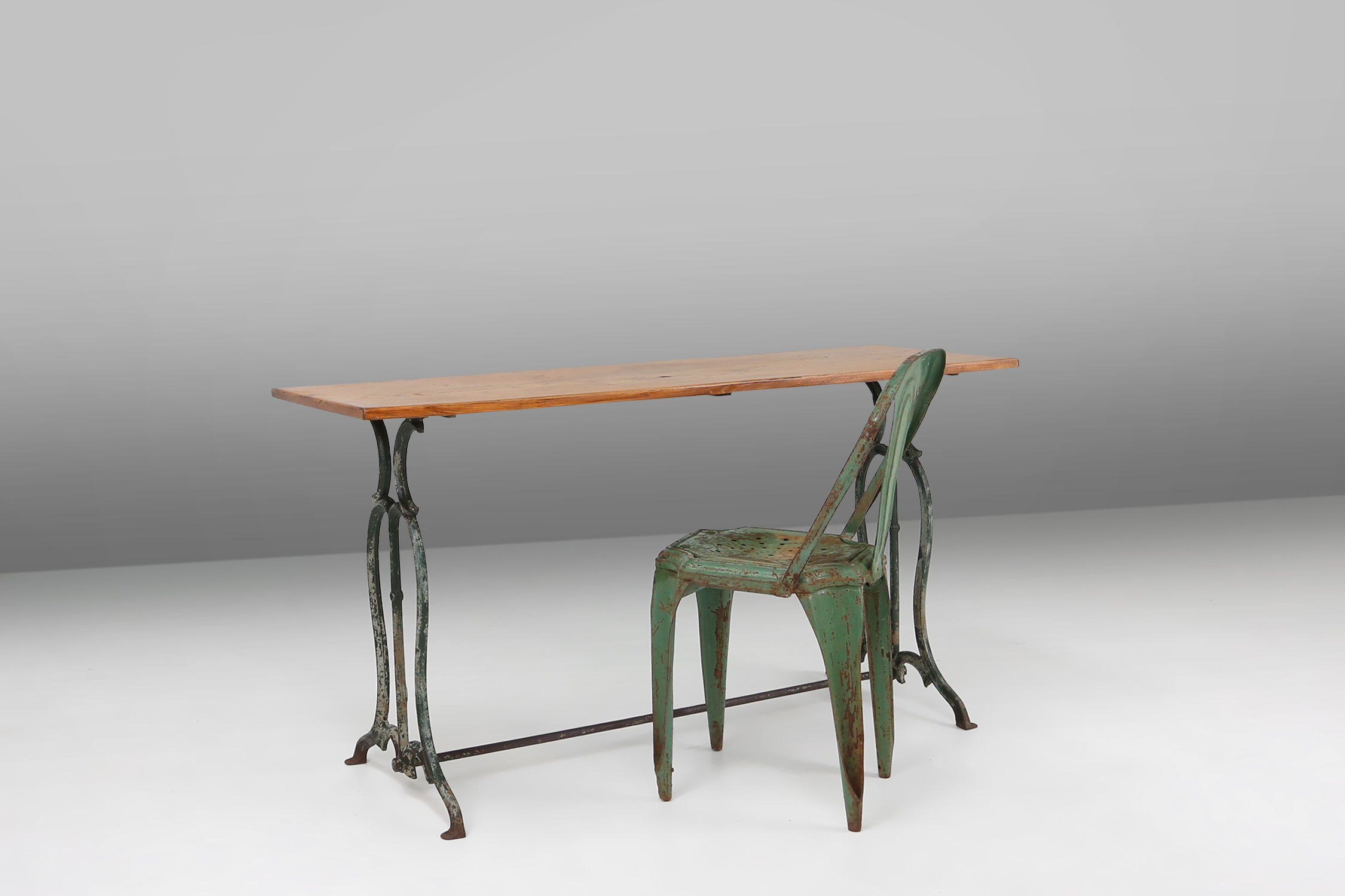 French bistro table with elegant metal base and oak top, ca. 1890thumbnail